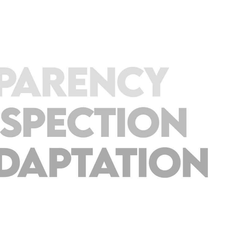 A stylised pattern representing the team with the words Transparency, Inspection and Adaptation overlaid